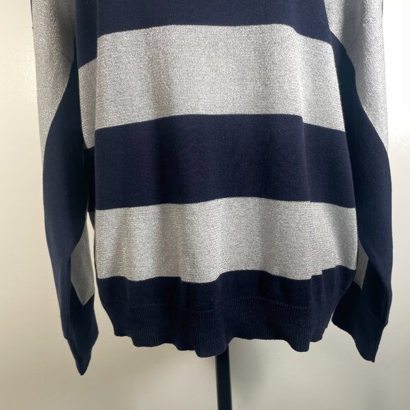 Liz Claiborne Navy Blue Silver Striped Boat Neck Tight Knit Pullover Sweater XL - Picture 5 of 13